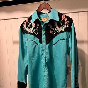 Scully Mens Shirt Western Turquoise Poly Blend Horseshoe Rose Stitch L/S